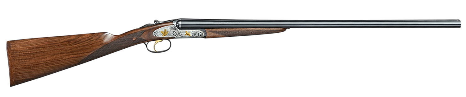 F.A.I.R. FRISSL1228 Iside Select 12 Gauge Break Open 2rd 28″ Black Side By Side Barrel, Polished Silver w/Gold Inlay Receiver, English Style Oiled Walnut Stock, Technichoke XP50 Choke System