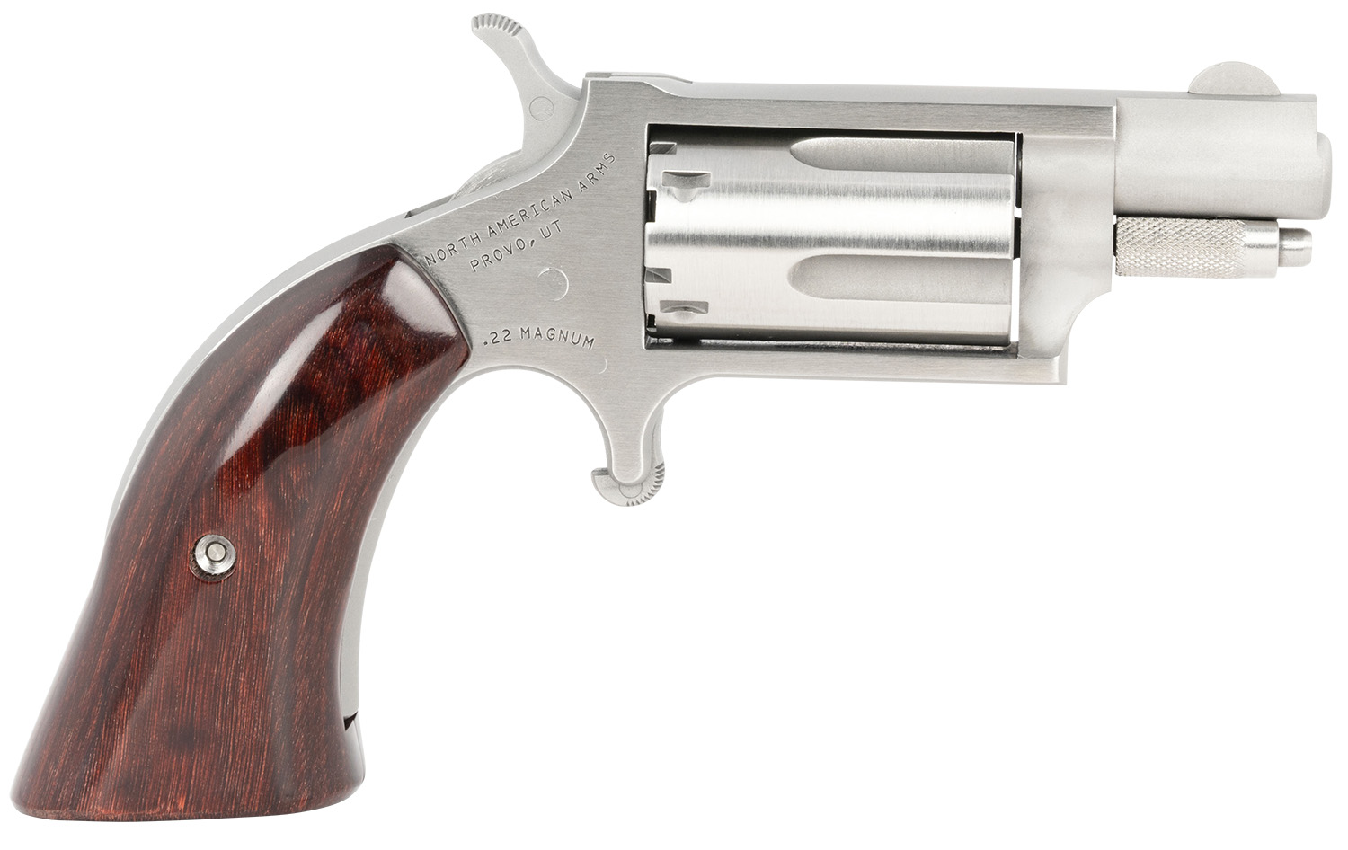 North American Arms 22MSGBG Mini-Revolver  Sports South Exclusive 22 WMR 5 Shot 1.13″ Stainless Steel Barrel, Frame & Cylinder, Wood Boot Grip, Exposed Hammer