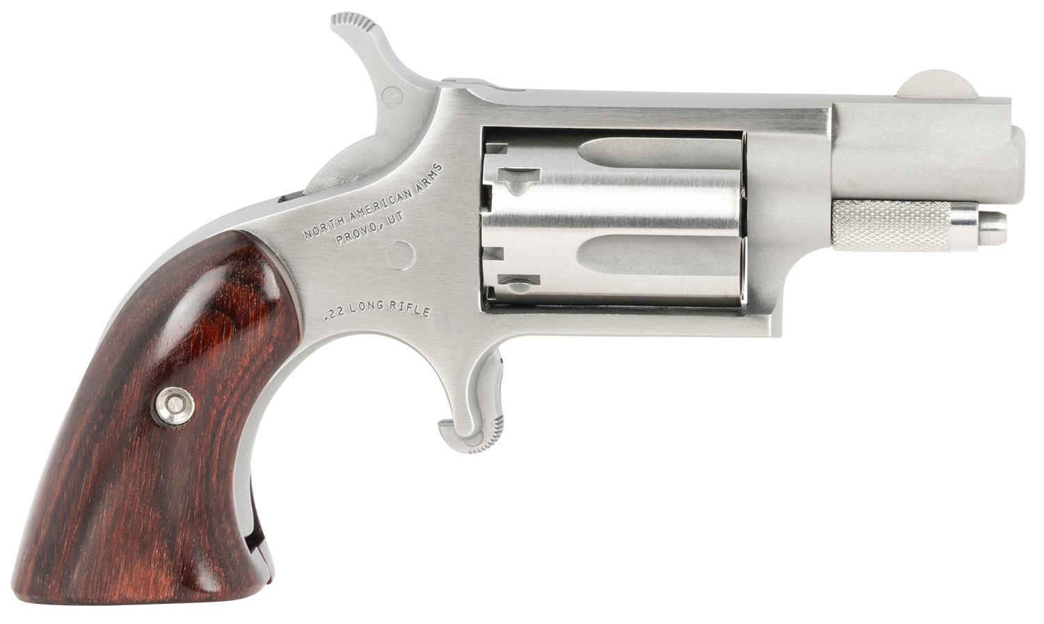North American Arms 22LRGBG Mini-Revolver  Sports South Exclusive 2 LR 5 Shot 1.13″ Stainless Steel Barrel, Frame & Cylinder, Wood Boot Grip, Exposed Hammer