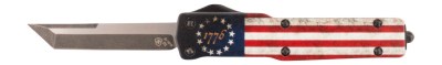 Templar Knife MZBRF121 Premium Weighted Betsy Ross Flag Slim 3.16″ OTF Dagger Plain Black Oxide Stonewashed Powder Coated D2 Steel Blade, 4.93″ Betsy Ross Flag Aluminum Zinc Alloy Handle