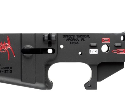 Spikes STLS019CFA Spider Stripped Lower Receiver Multi-Caliber 7075-T6 Aluminum Black Anodized with Color Fill for AR-15