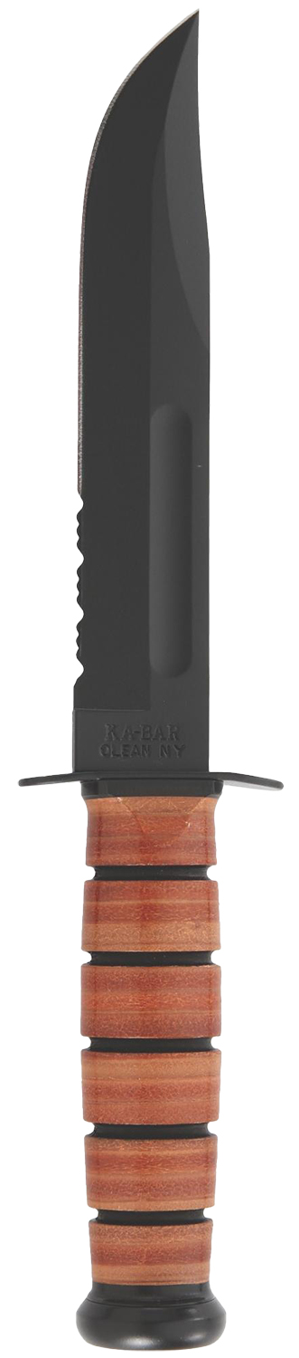 Ka-Bar 1218 USMC Fight/Utility 7″ Fixed Clip Point Part Serrated Black 1095 Cro-Van Blade. Brown Leather Handle. Includes Sheath