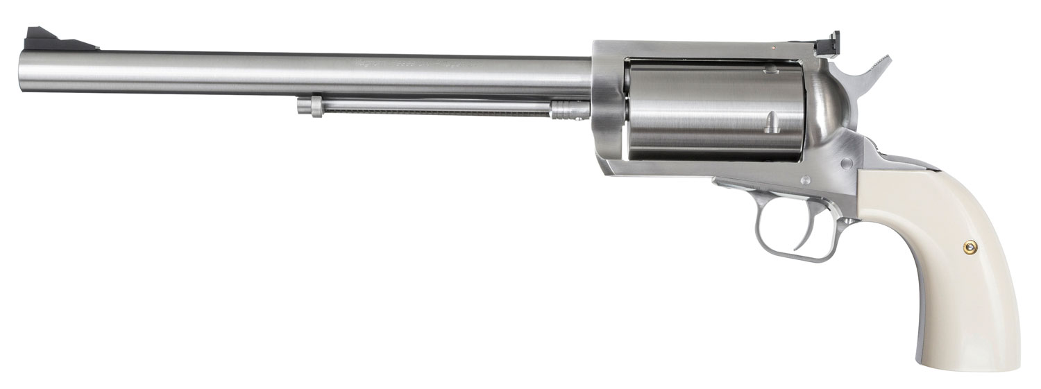 Magnum Research BFR500SW10B BFR Long Cylinder Extra Large 500 S&W Mag 5 Shot 10″ Brushed Stainless Steel Barrel, Cylinder & Frame, Bisley White Laminate Grip, Exposed Hammer