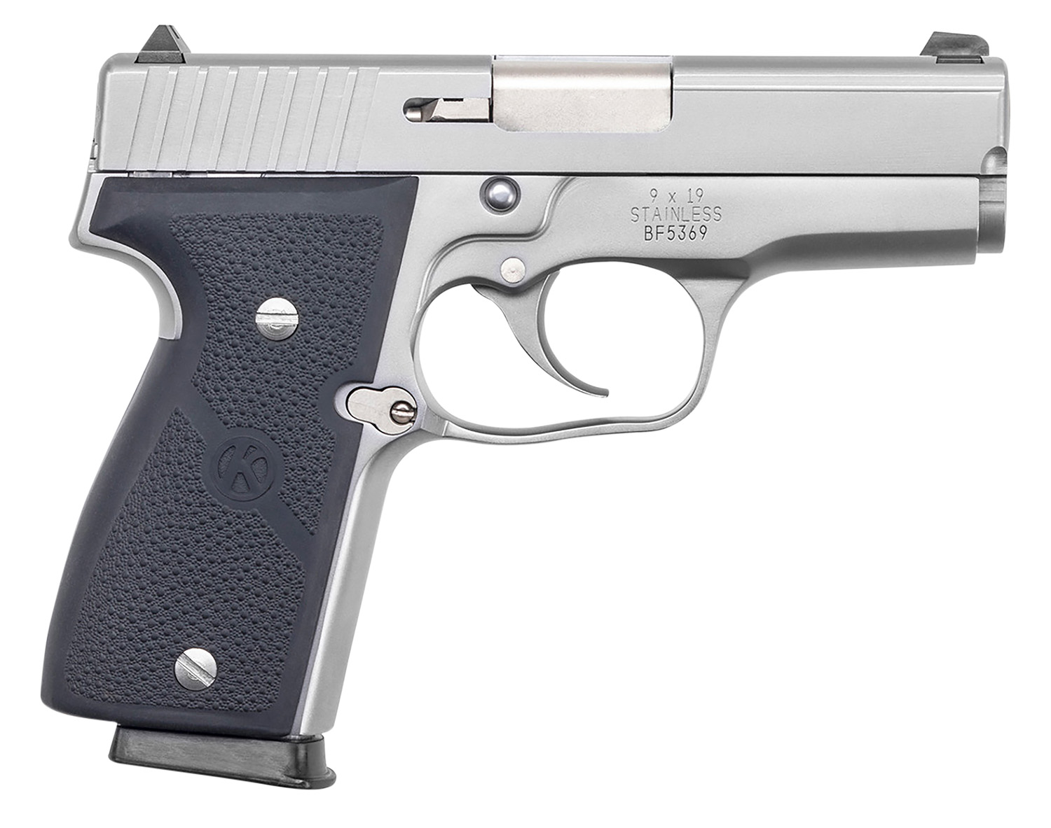 Kahr Arms K9093A K9  9mm Luger 7+1/8+1 3.47″ Stainless Polygonal Rifled Barrel, Matte Serrated Stainless Steel Slide, Matte Stainless Steel Frame, Black Textured Wraparound Polymer Grip, Right Hand