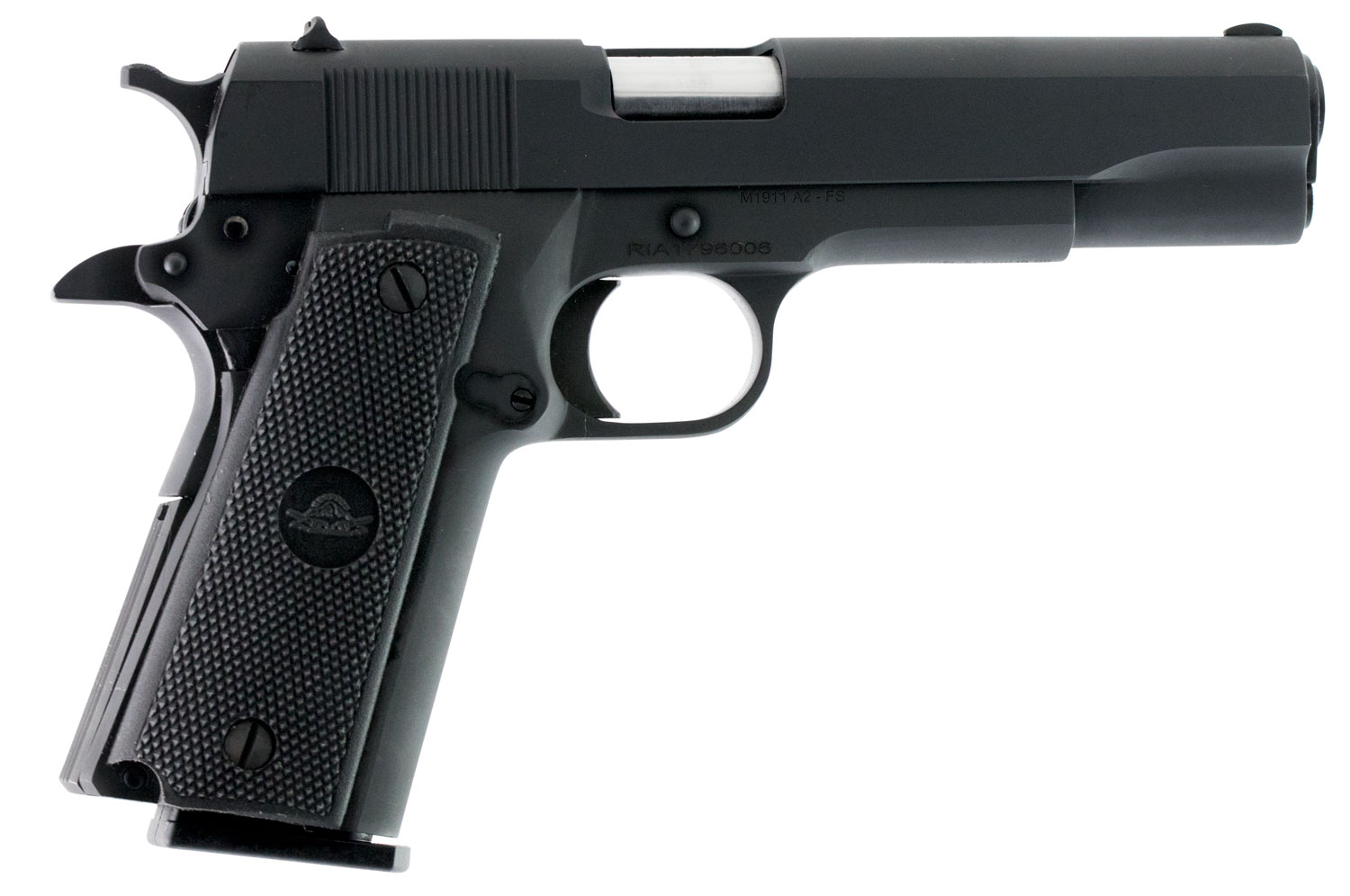 Rock Island 51453 GI Standard FSHC *CA Compliant 45 ACP Caliber with 5″ Barrel, 10+1 Capacity, Overall Black Parkerized Finish Steel, Beavertail Frame, Serrated Slide & Black Rubber Grip