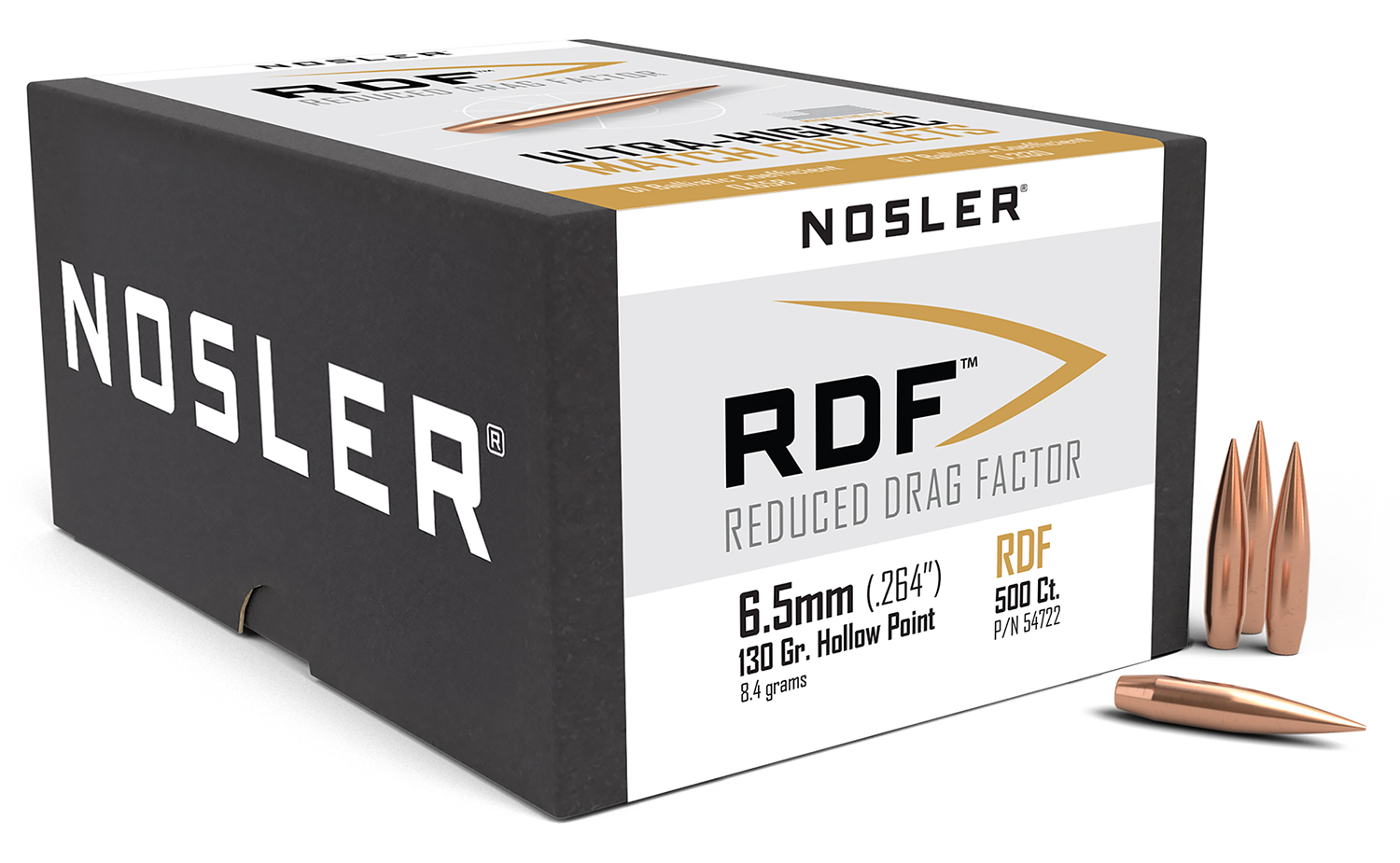 Nosler 54722 RDF Match 6.5Creedmoor 130gr Hollow Point Boat Tail 500/Box