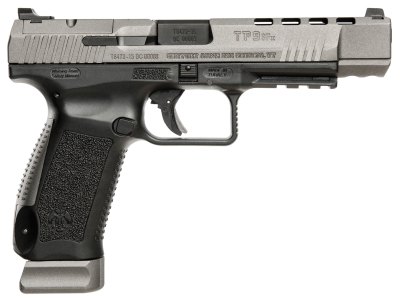 Canik HG3774GN TP9SFx  9mm Luger 20+1, 5.20″ Black Nitride Match Grade Barrel, Tungsten Gray Cerakote Optic Ready/Serrated w/Ports Steel Slide, Black Polymer Frame w/Picatinny Rail, Ambidextrous