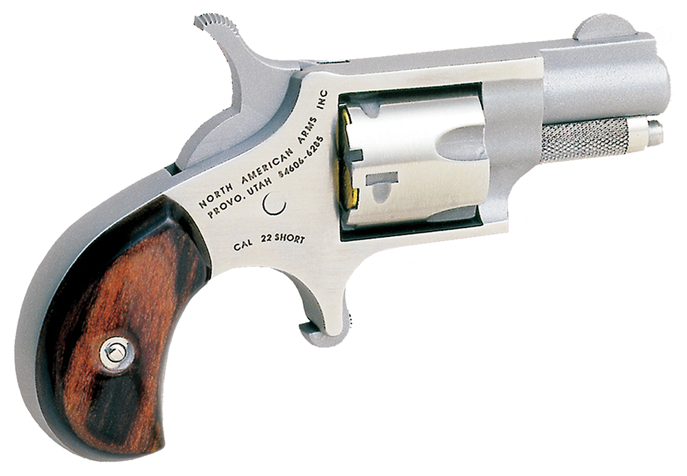 North American Arms 22S Mini-Revolver  22 Short 5rd 1.13″ Barrel, Overall Stainless Steel Finish, Rosewood Birdshead Grip
