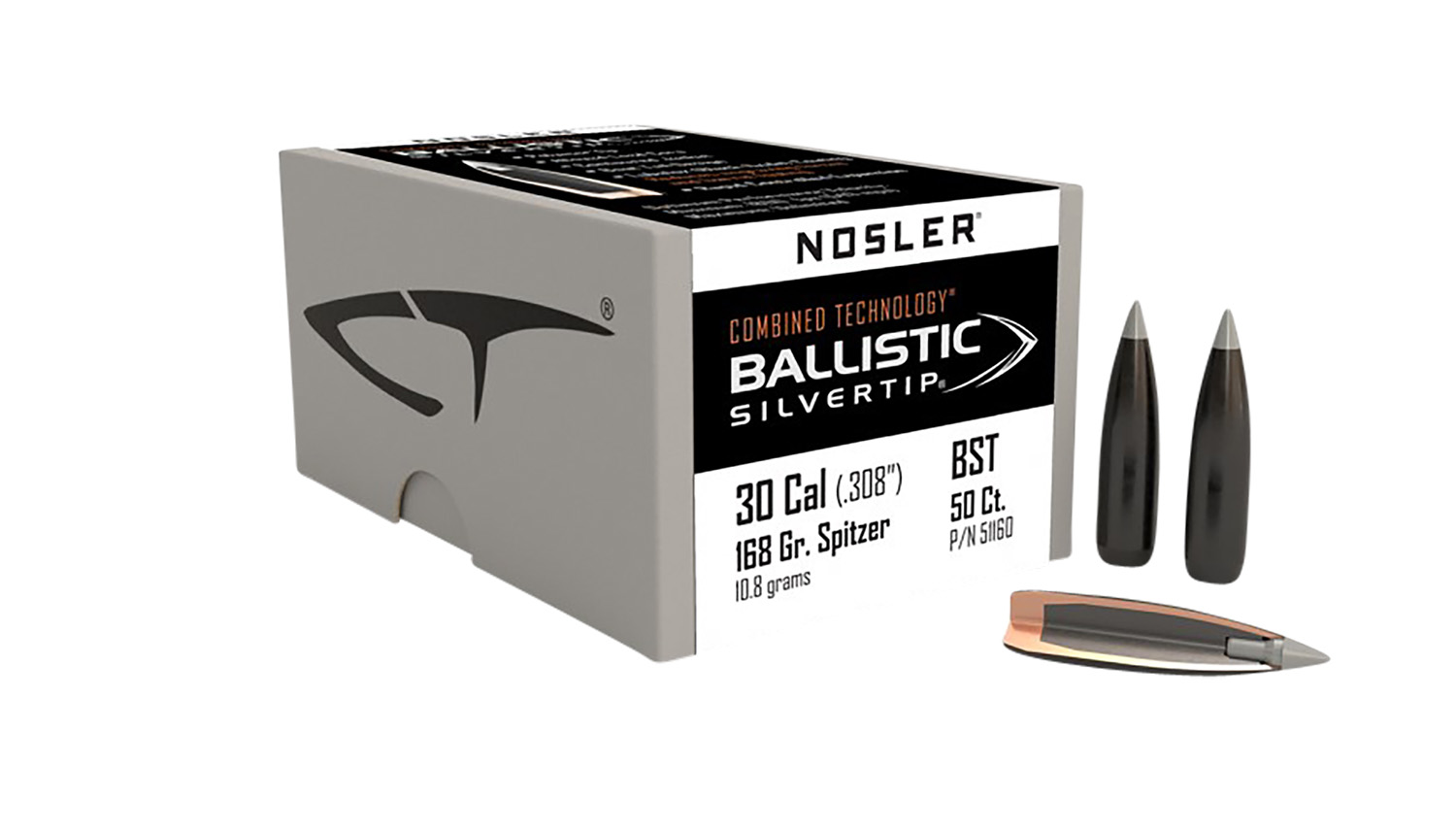 Nosler 51160 Ballistic Silvertip  30Cal 168gr Spitzer Point 50/Box