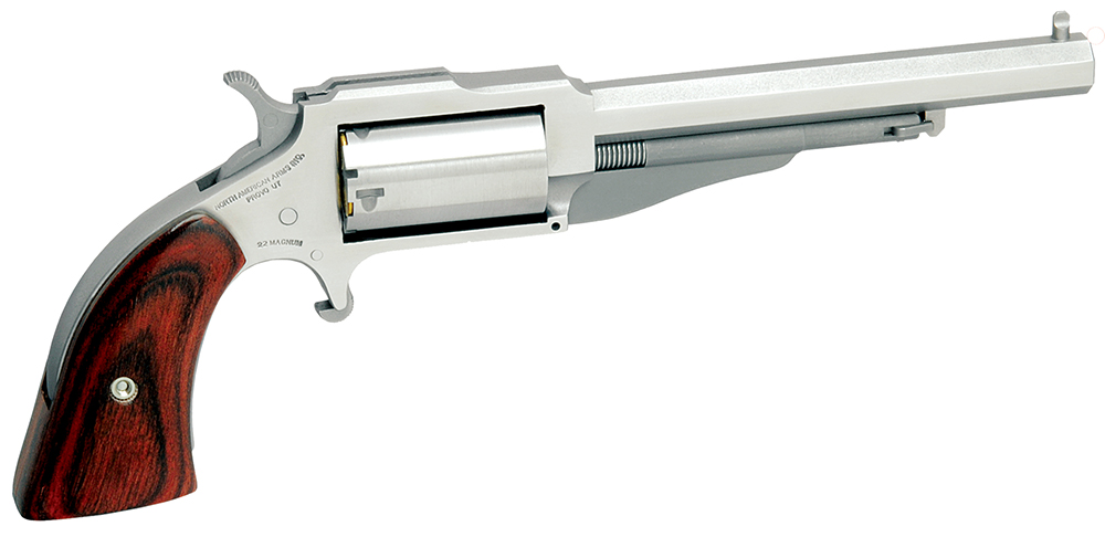North American Arms 18604 1860 The Earl *CA Compliant 22 WMR 5 Shot 4″ Stainless Steel Barrel, Frame & Cylinder, Rosewood Boot Grip, Exposed Hammer