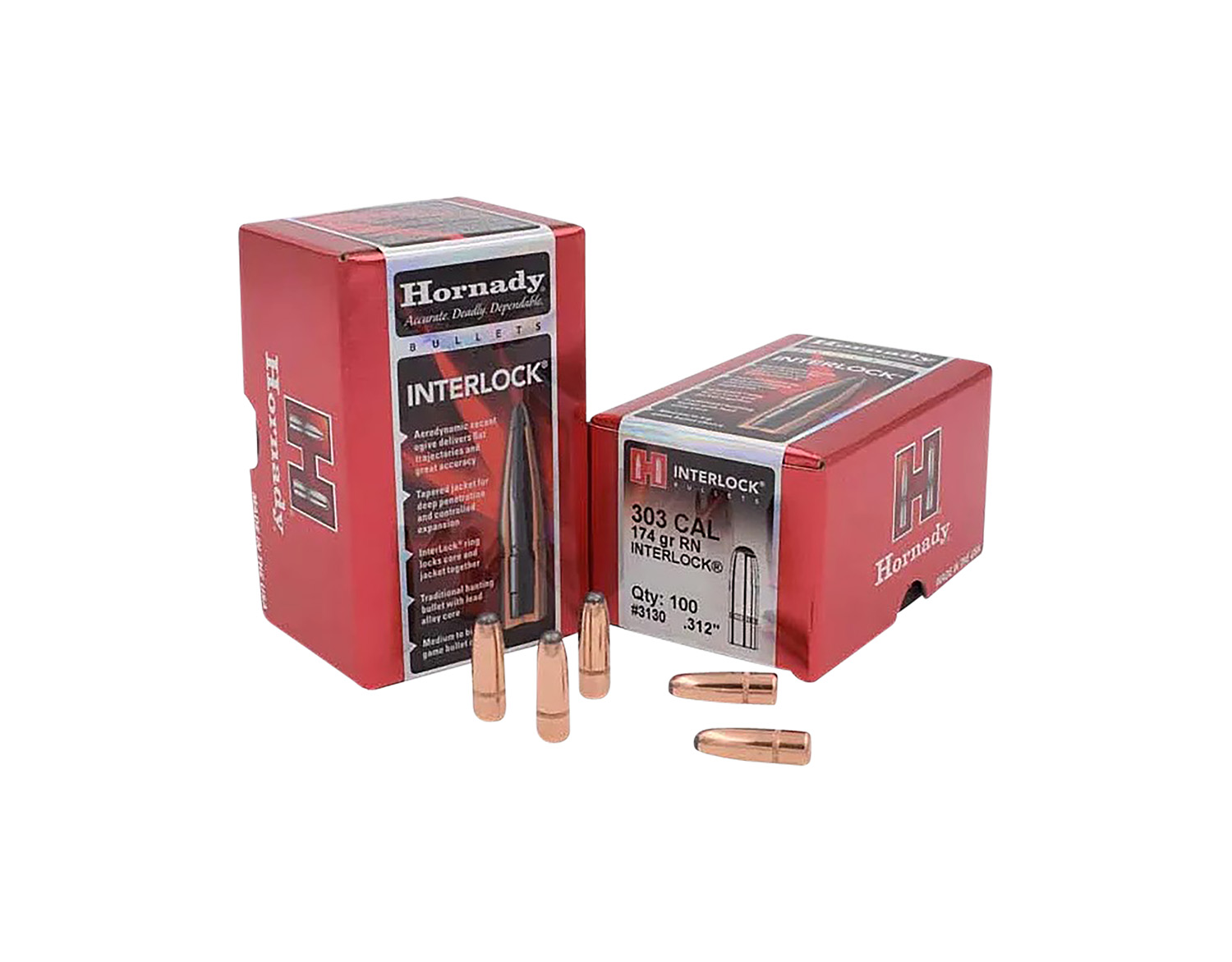 Hornady 3130 InterLock  303 Cal .312 174 gr Round Nose 100 Per Box/ 15 Case