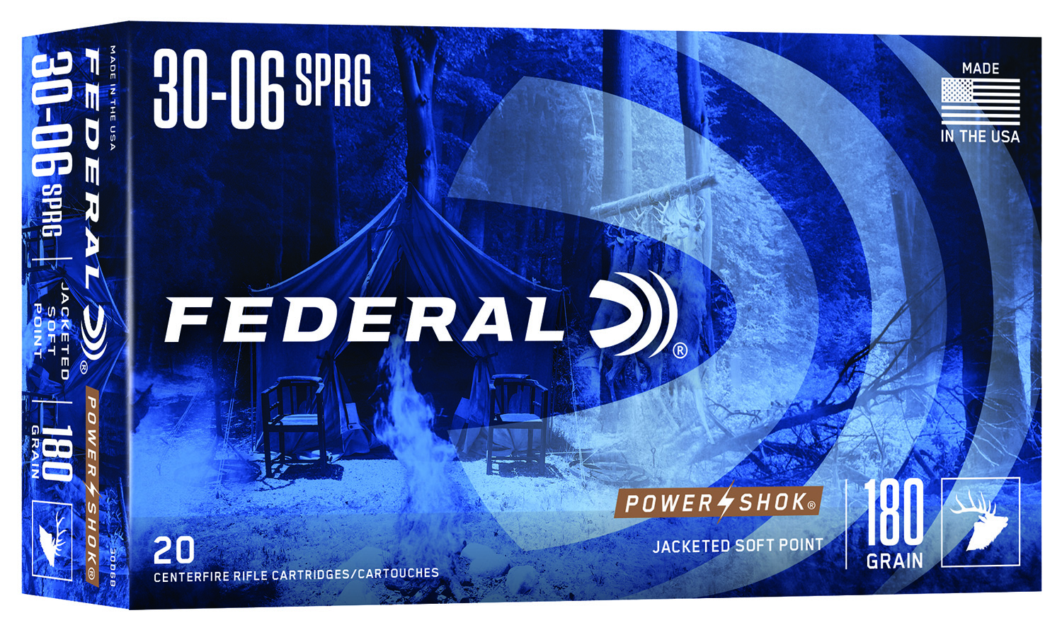 Federal 3006B Power-Shok  30-06Springfield 180gr Jacketed Soft Point 20 Per Box/10 Case