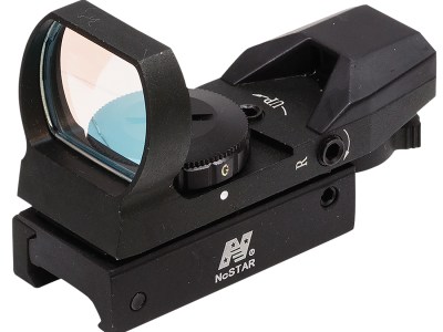 NcStar D4RGB Red & Green Four Reticle Reflex Optic  Black Anodized 1 x 0.95″x 1.34″ 3 MOA Red/Green Dot Multi Reticle