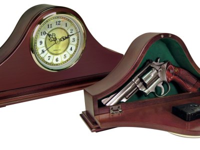 Peace Keeper MGC Mantle Gun Clock  Front Panel Entry Mahogany Stain Wood Holds 1 Handgun 14.62″ L x 7.37″ H x 3.75″ D