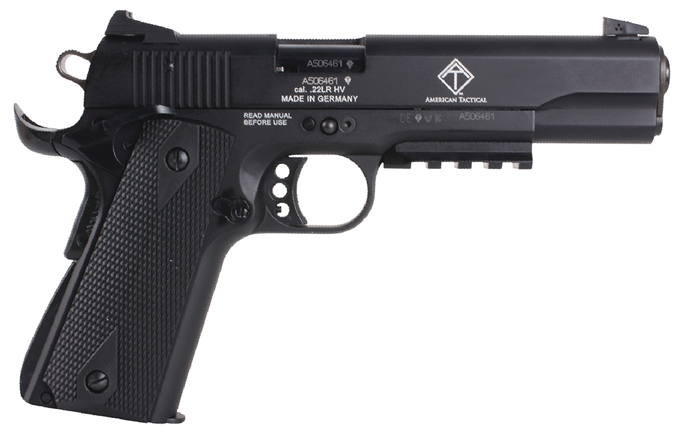 GSG GSG1911ADOP M1911 ADOP 22 LR 10+1 5″ Black Steel/Threaded Barrel & Serrated Slide, Zinc Alloy w/Accessory Rail & Beavertail Frame Black Double Diamond Polymer Grip