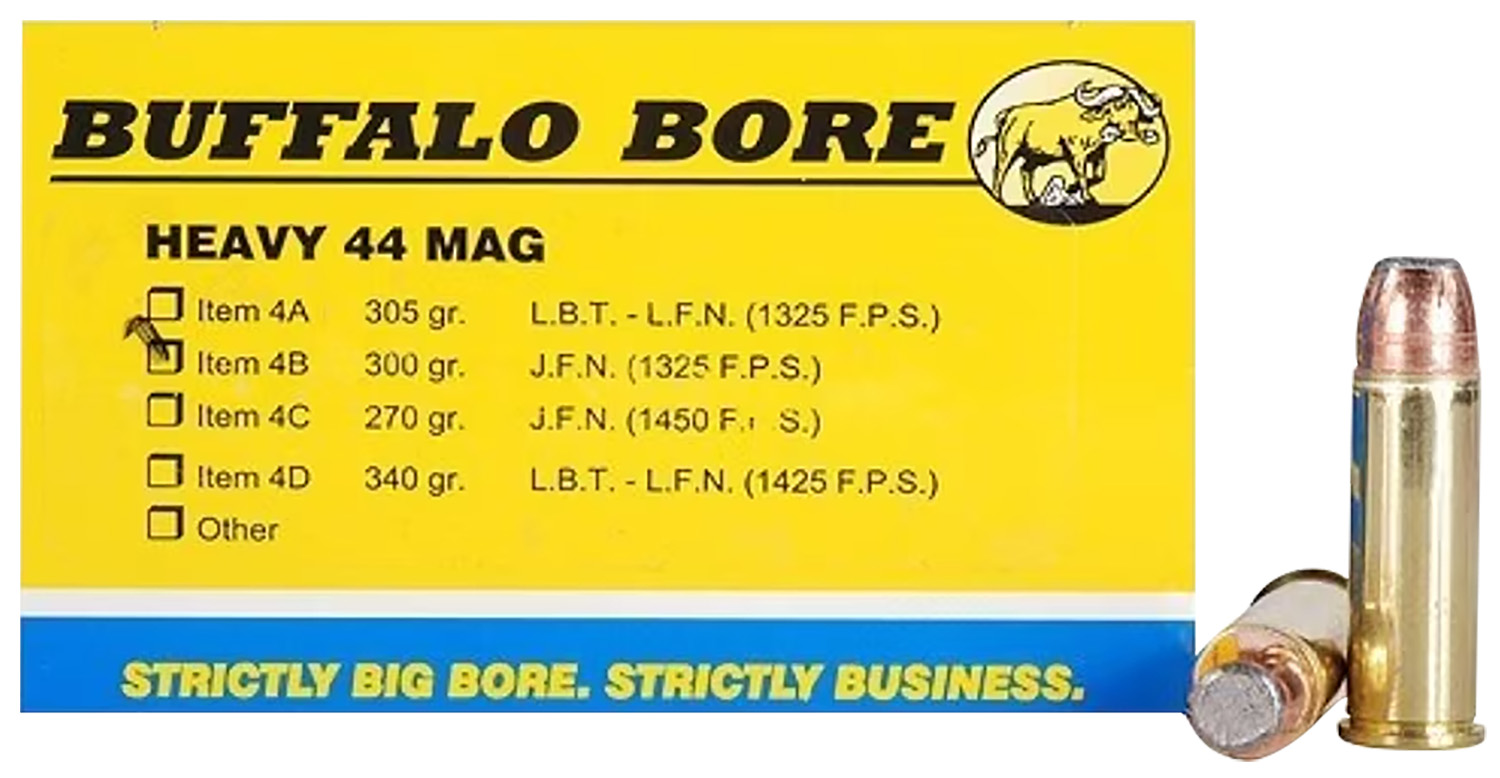 Buffalo Bore Ammunition 4B20 Heavy Strictly Business 44Rem Mag 300gr Semi Jacketed Flat Point 20 Per Box/12 Case