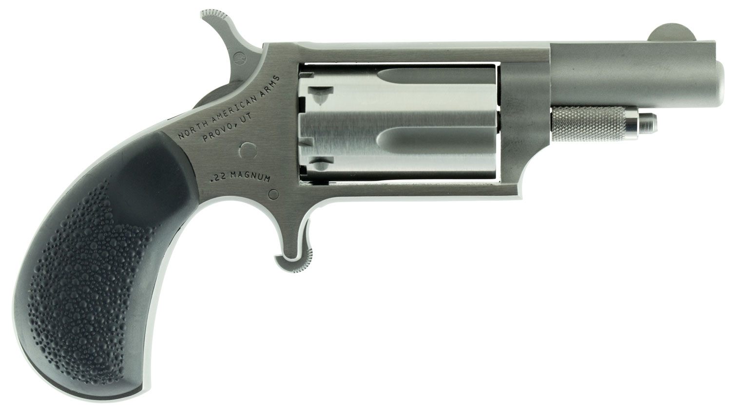 North American Arms 22MGRC Mini-Revolver  Sports South Exclusive 22 WMR 5 Shot 1.63″ Stainless Steel Barrel, Frame & Cylinder, Black Rubber Grip, Exposed Hammer