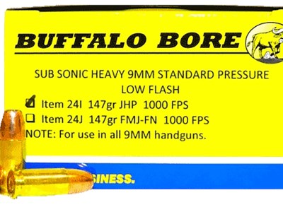 Buffalo Bore Ammunition 24I20 Subsonic Strictly Business 9mmLuger Subsonic 147gr Jacketed Hollow Point 20 Per Box/12 Case