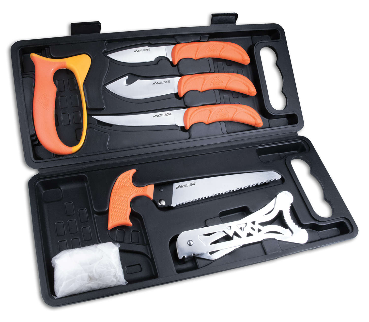 Outdoor Edge WP2 Wild Pak  Multiple Skinner w/Gut Hook/Saw/Caper Plain/Saw 420J2 Stainless Steel Blade FRN Orange Handle