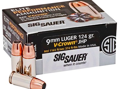 Sig Sauer E9MMA220 Elite Performance  9mmLuger 124gr V-Crown Jacketed Hollow Point 20 Per Box/10 Case