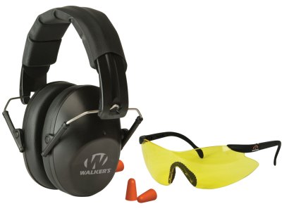 Walker’s GWPFPM1GFP Pro Low Profile Passive Muff Combo Kit Includes Foam Ear Plugs, Low Profile 31 db Over the Head Passive Muff, Shooting Glasses w/Yellow Lens