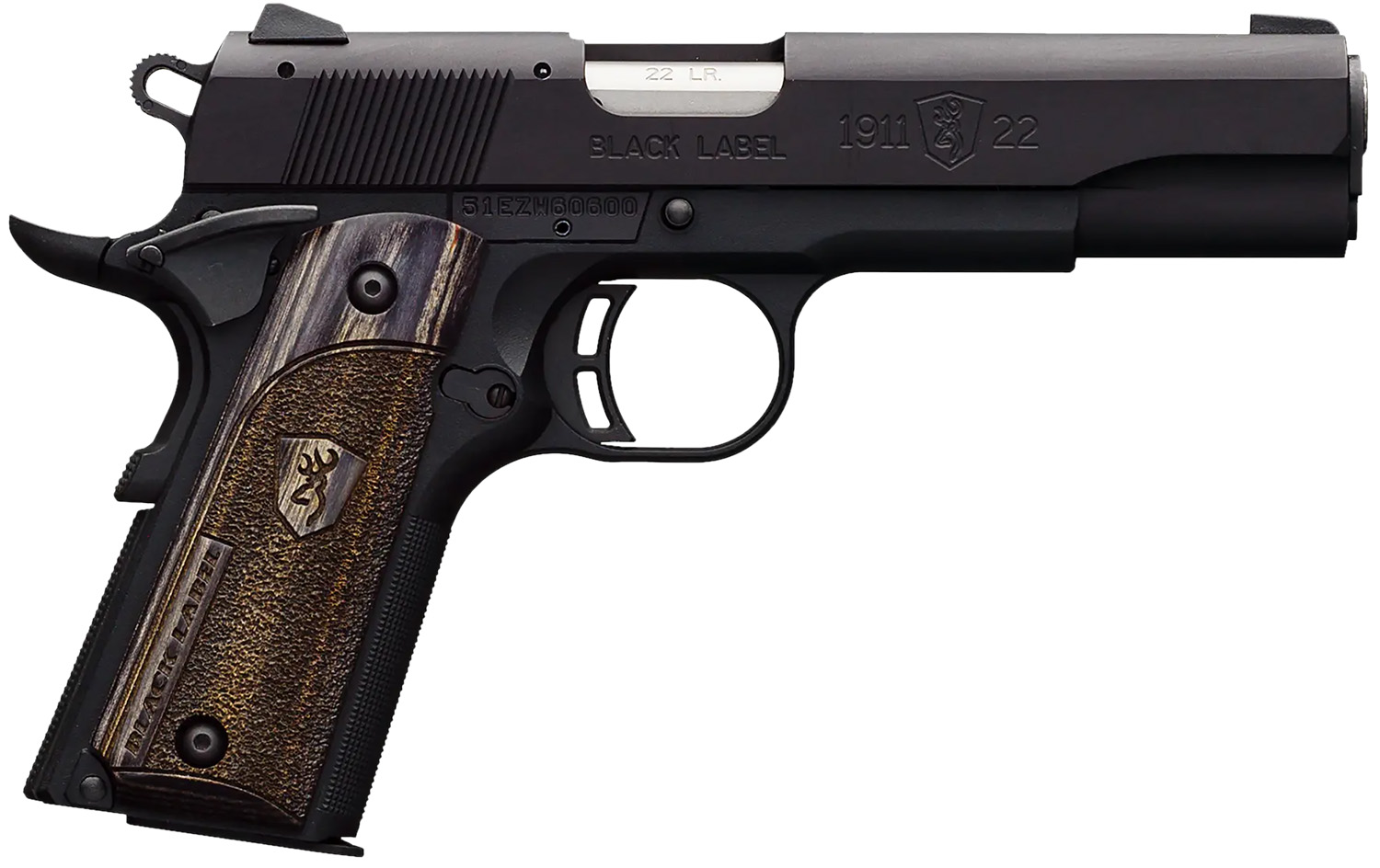 Browning 051814490 1911 Black Label Full Size Frame 22 LR 10+1, 4.25″ Stainless Steel Barrel, Matte Black Serrated Slide & Polymer Frame w/Beavertail, Right Hand