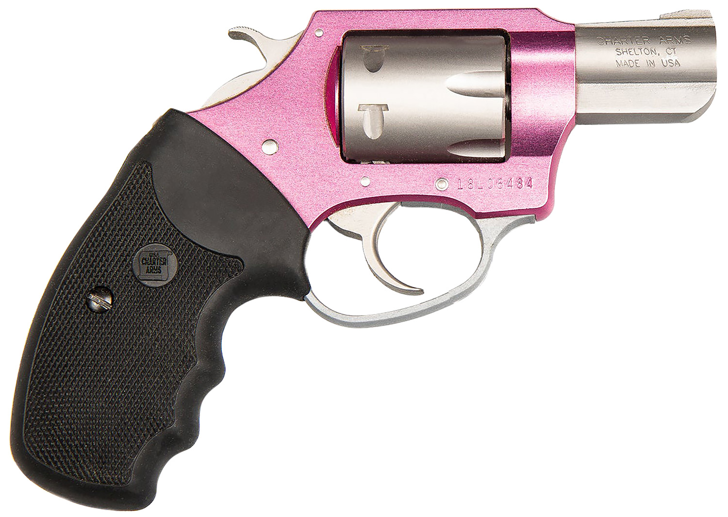 Charter Arms 52330 Pathfinder Pink Lady Small Frame 22 WMR 8 Shot 2″ Stainless Steel Barrel, Pink Cerakote Aluminum Frame,  Stainless Cylinder, Black Finger Grooved Rubber Grip, Exposed Hammer