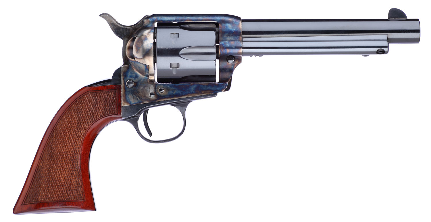 Taylors & Company 556209DE Short Stroke Gunfighter Uberti 357 Mag 6 Shot 5.50″ Blued Round Barrel & Cylinder, Color Case Hardened Steel Frame, Walnut Checkered Army Style Grip, Exposed Hammer