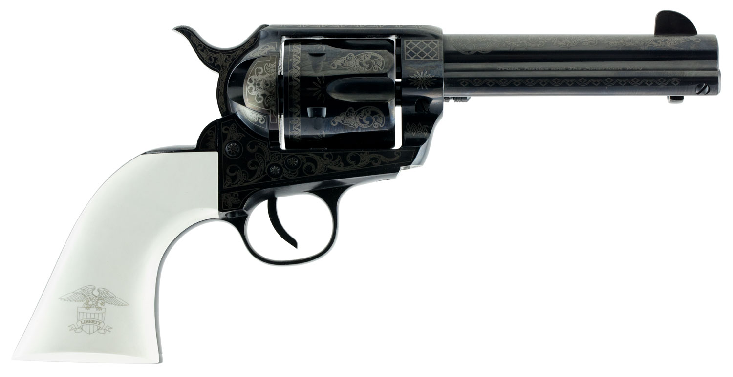 Traditions SAT73122LIB 1873 Liberty 45 Colt (LC) 6rd 4.75″ Blued Engraved Steel White PVC Grip