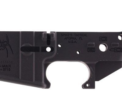 Spikes STLS019 Spider Stripped Lower Receiver with Billet Markings Multi-Caliber 7075-T6 Aluminum Black Anodized for AR-15