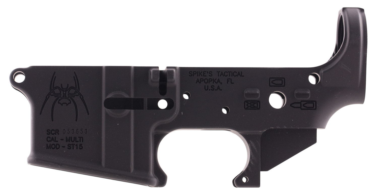 Spikes STLS019 Spider Stripped Lower Receiver with Billet Markings Multi-Caliber 7075-T6 Aluminum Black Anodized for AR-15