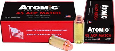 ATOMIC 45 ACP MATCH 185GR LEAD – SWC COPPER PLATED 50RD 10BX/CS