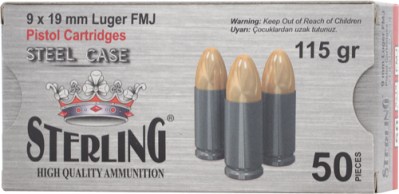 STERLING STEEL CASE 9MM 115 GR – FMJ 50 RD BOX  30 BOXES/CASE
