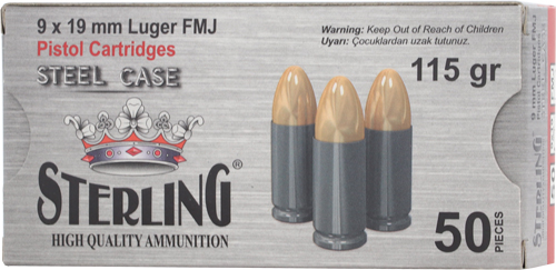 STERLING STEEL CASE 9MM 115 GR – FMJ 50 RD BOX  30 BOXES/CASE