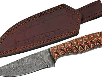 SZCO RITE EDGE 4″ RED TWISTED – WOOD HUNTER DAMASCUS W/SHEATH