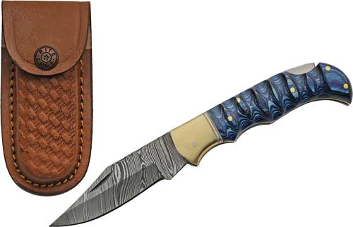 SZCO RITE EDGE 3″ BLUE GROOVED – WOOD DAMASCUS LOCKBACK W/SHTH