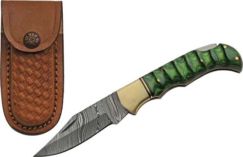 SZCO RITE EDGE 3″ GREEN – GROOVED WOOD DAMASCUS LOCKBACK