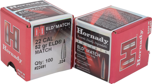 HORNADY BULLETS 22CAL .224 – 52GR ELD-M MATCH 100CT 40BX/CS