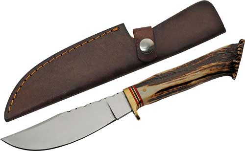 SZCO STEEL STAG 5″ STAG HUNTER – DEER ANTLER HANDLE SS BLADE