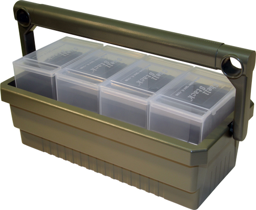 MTM SHOTSHELL BOX CADDY W/ 4 – SS25 RND CLEAR SHOTSHELL BOXES