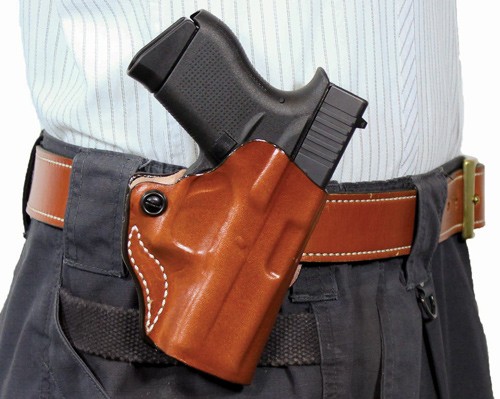 DESANTIS MINI SCABBARD HOLSTER – RH OWB LEATHER SHIELD 9/40 TAN