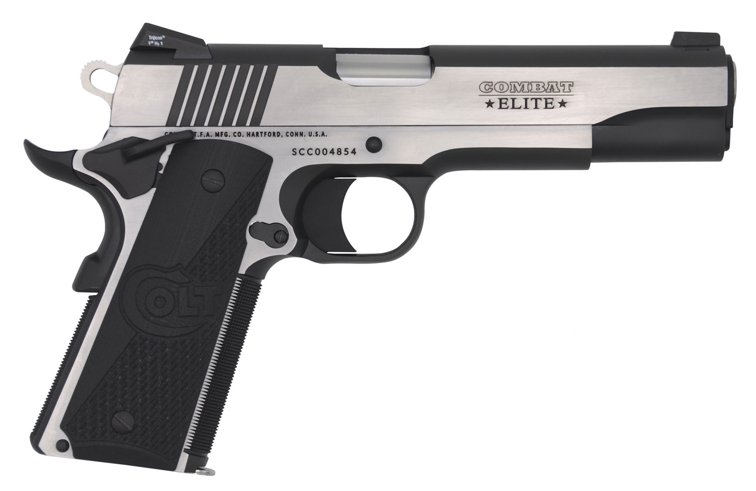 Colt Mfg O1070CE 1911 Combat Elite Government 45 ACP 5″ 8+1 Overall Two-Tone Elite Finish Stainless Steel Frame & Slide with Half Checkered & Scalloped Black G10 Grip & Night Sights