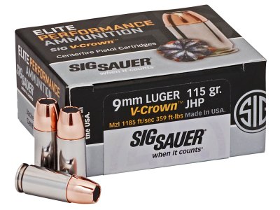 Sig Sauer E9MMA150 Elite Performance  9mmLuger 115gr V-Crown Jacketed Hollow Point 50 Per Box/10 Case