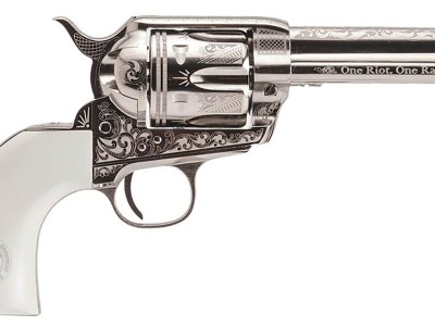 Cimarron PP410LNTXR Frontier Texas Ranger 45 Colt (LC) 6 Shot, 4.75″ Engraved Nickel-Plated Steel Barrel, Cylinder & Frame, Engraved “One Riot, One Ranger” Ejector Rod, White Polymer Grip