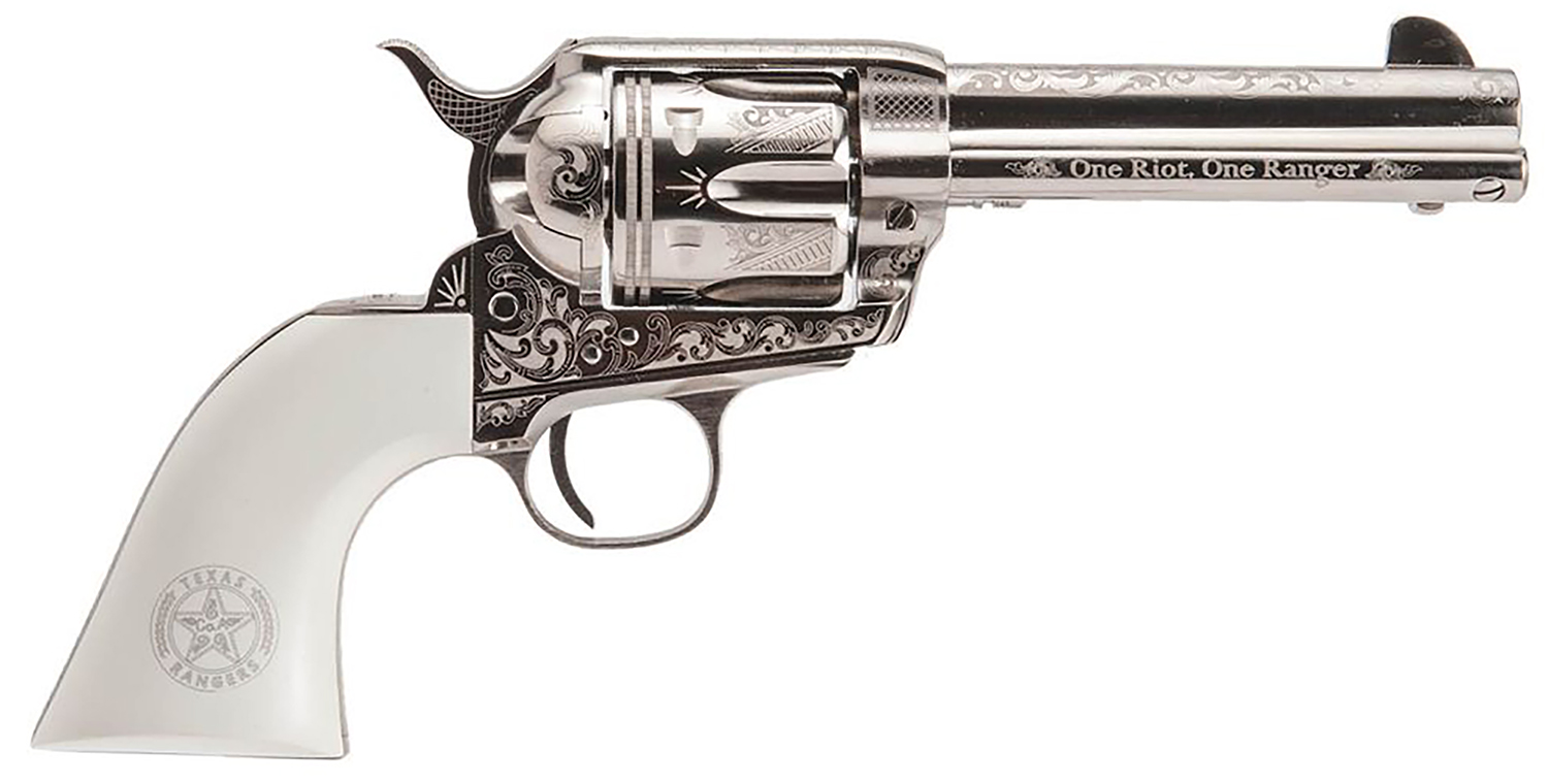 Cimarron PP410LNTXR Frontier Texas Ranger 45 Colt (LC) 6 Shot, 4.75″ Engraved Nickel-Plated Steel Barrel, Cylinder & Frame, Engraved “One Riot, One Ranger” Ejector Rod, White Polymer Grip