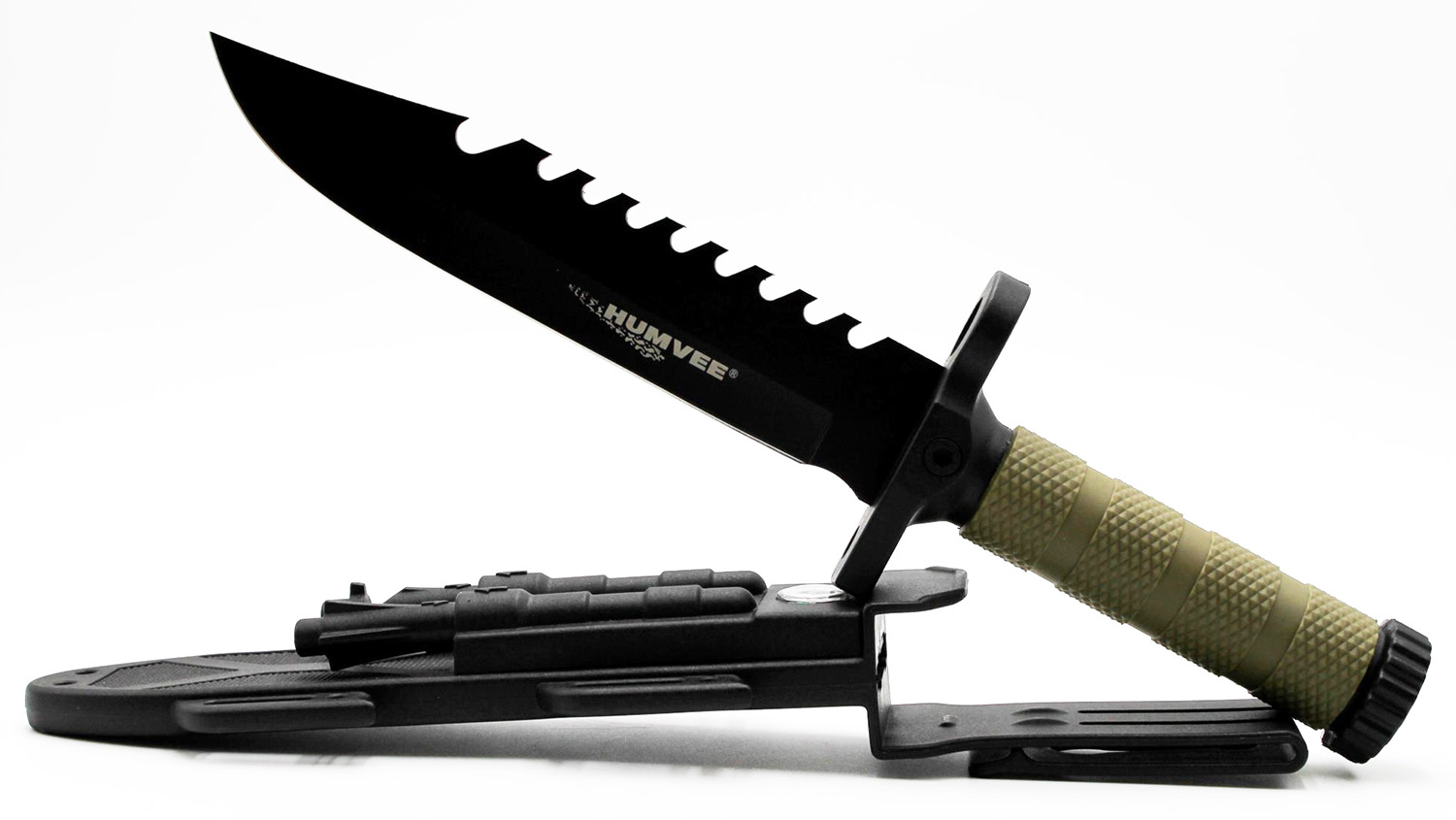 Humvee Adventure Gear HMVKFXB01 Next-Gen Survival Knife  7.50″ Fixed Sawback Plain Black Stainless Steel Blade/OD Green Textured Rubber Handle Includes Sheath