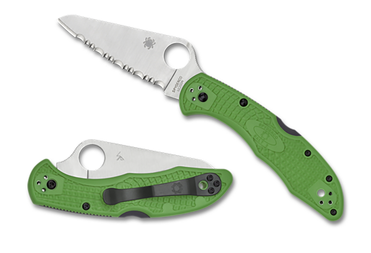 Spyderco  Salt 2  3″ Folding Clip Point Serrated H1 Steel Blade Green Bi-Directional Texturing FRN Handle Includes Pocket Clip