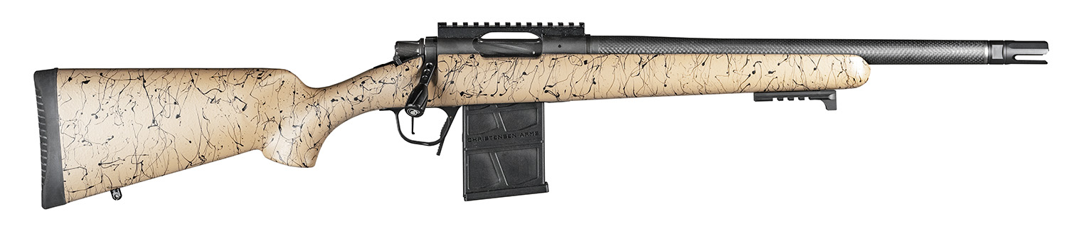 Christensen Arms 8010612200 Ridgeline Scout Full Size 223 Rem 4+1, 16″ Black Nitride Steel Threaded Barrel, Black Nitride Aluminum Receiver, Tan w/Black Webbing Fixed Sporter Stock