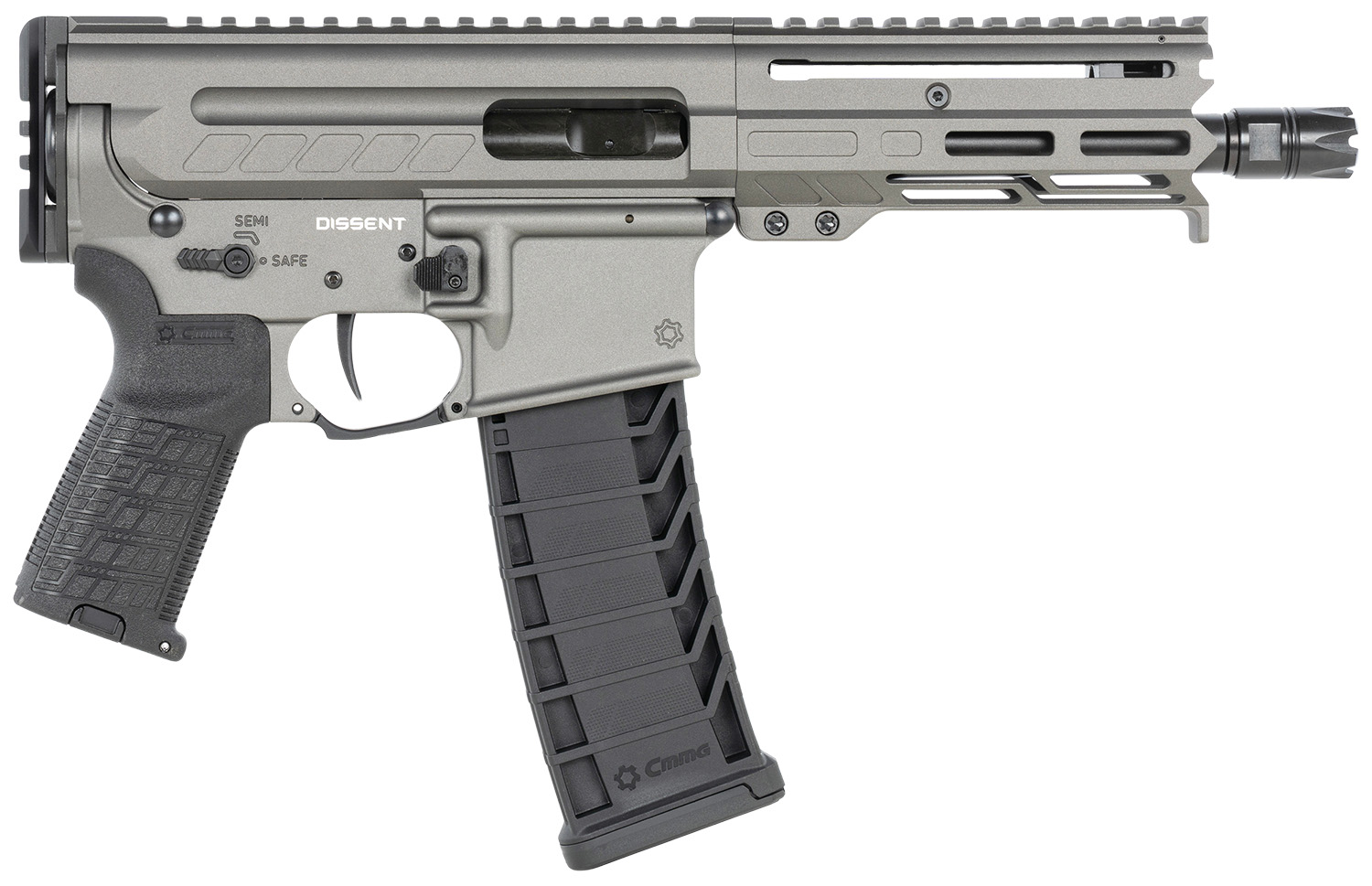 CMMG 94A6867TNG Dissent MK4 9mm Luger 33+1 6.50″, Tungsten Gray Rec, Picatinny Brace Adapter, 5.50″ M-LOK Handguard, Left Side Charging Handle, Zeroed Linear Comp, Zeroed Drop-In Single Stage Trigger