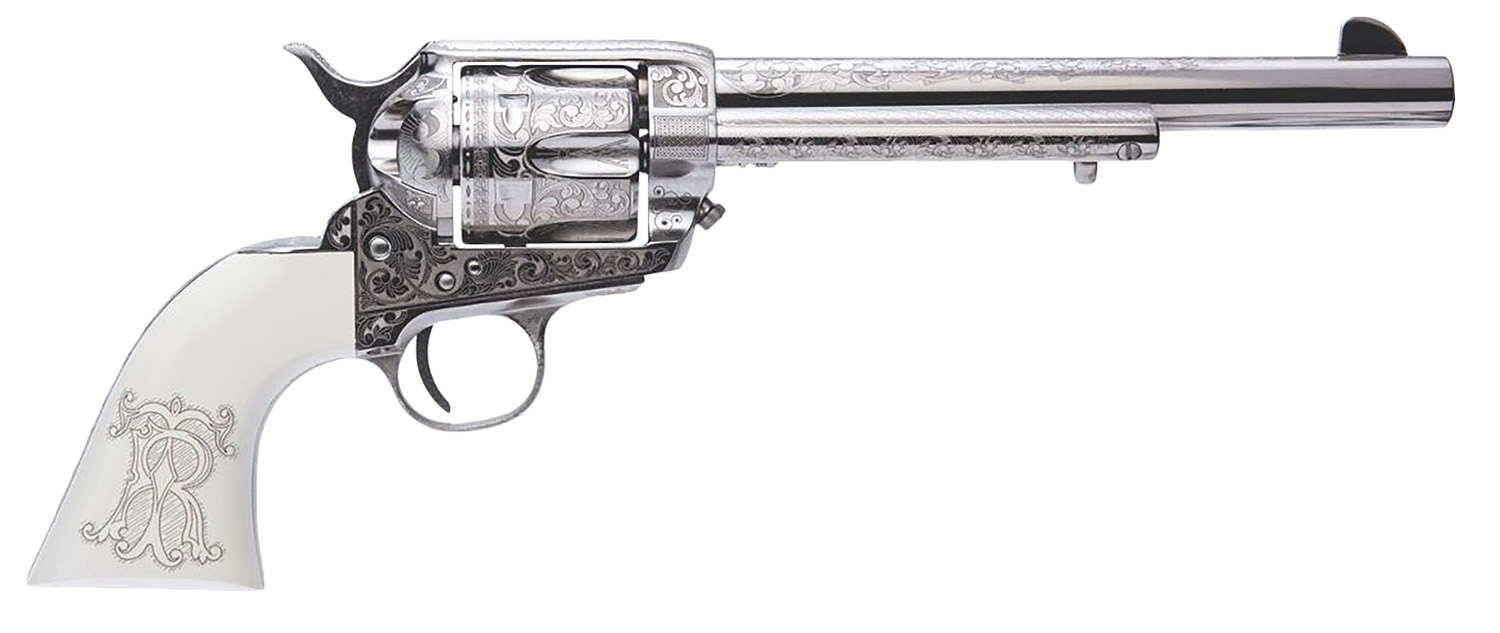 Cimarron PP415LNTRII Teddy Roosevelt Frontier 45 Colt (LC) 6 Shot 7.50″ Nickel-Plated Engraved Barrel, Cylinder & Frame, White w/Laser Engraved “T.R.” Grip